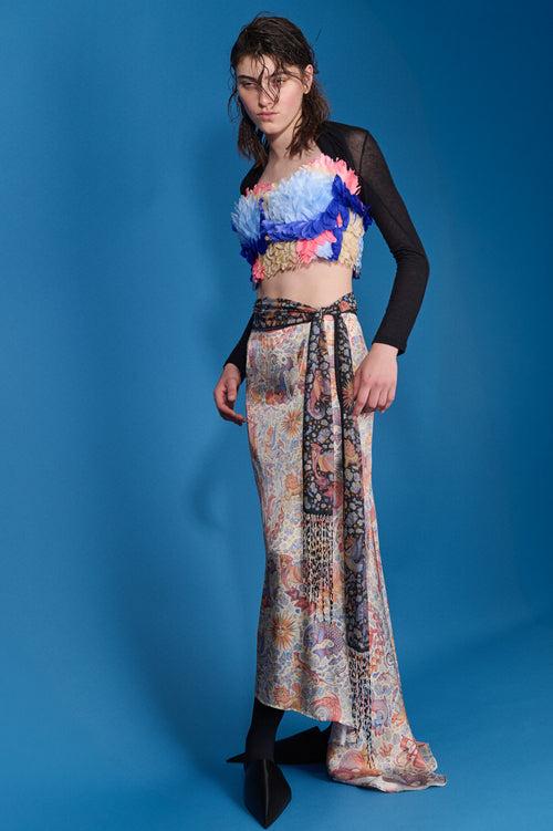 CHAOTIC CREATURES VOILE SCARF IN DARK WITH BEADED FRINGE