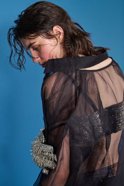 BLACK CHIAROSCURO SILK ORGANZA BOWLING SHIRT