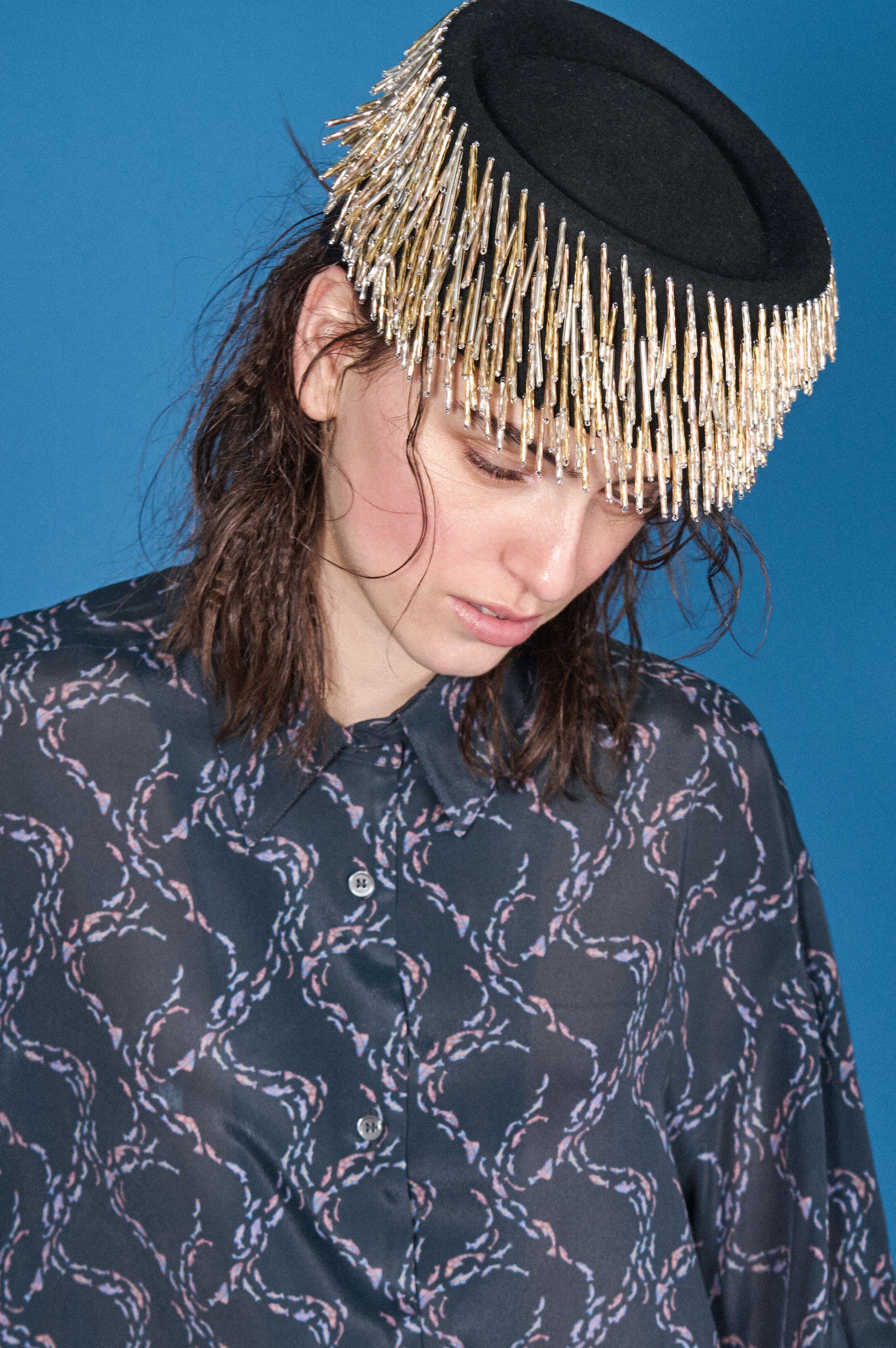 BEADED FRINGE WOOL PILLBOX HAT