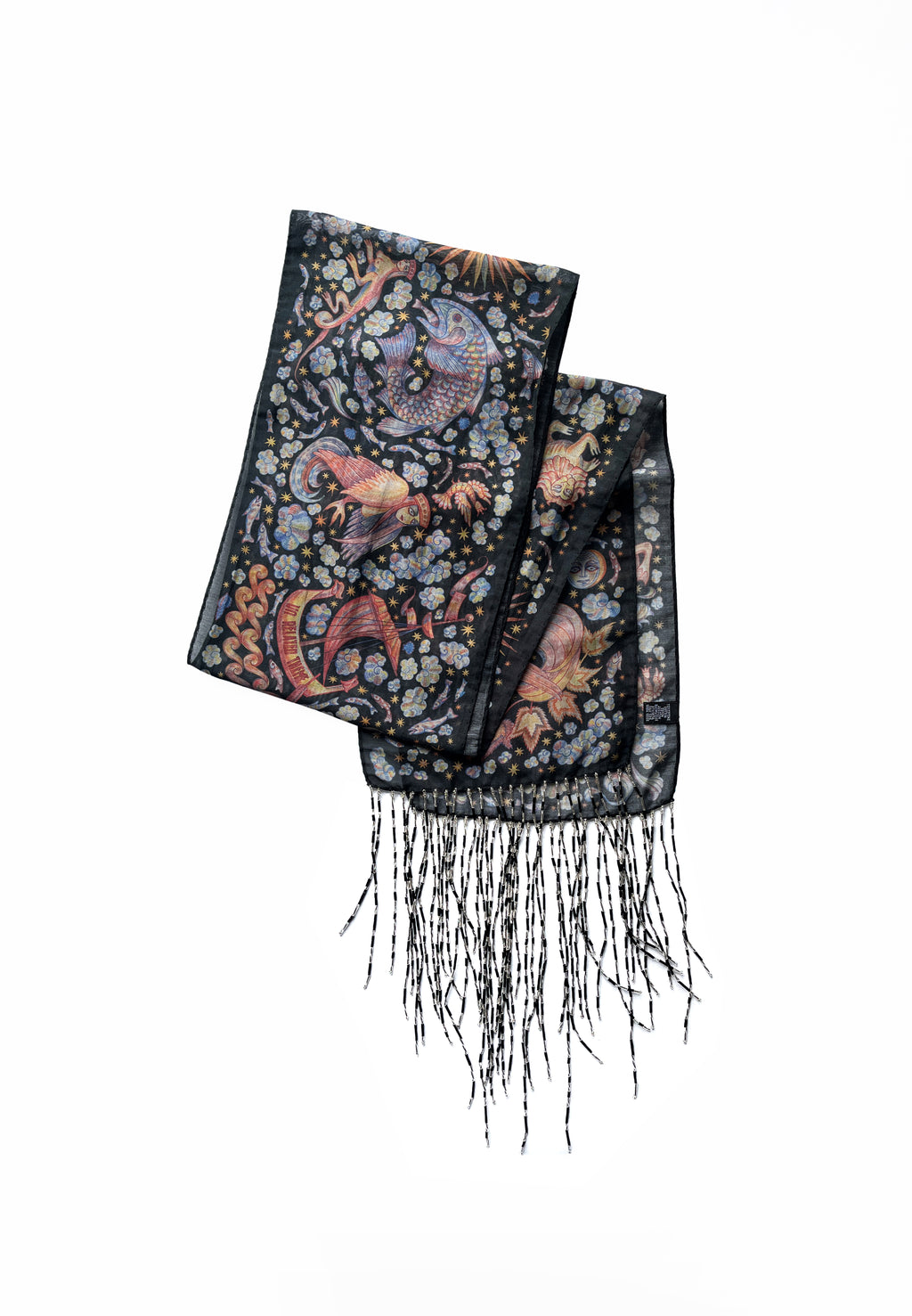 CHAOTIC CREATURES VOILE SCARF IN DARK WITH BEADED FRINGE