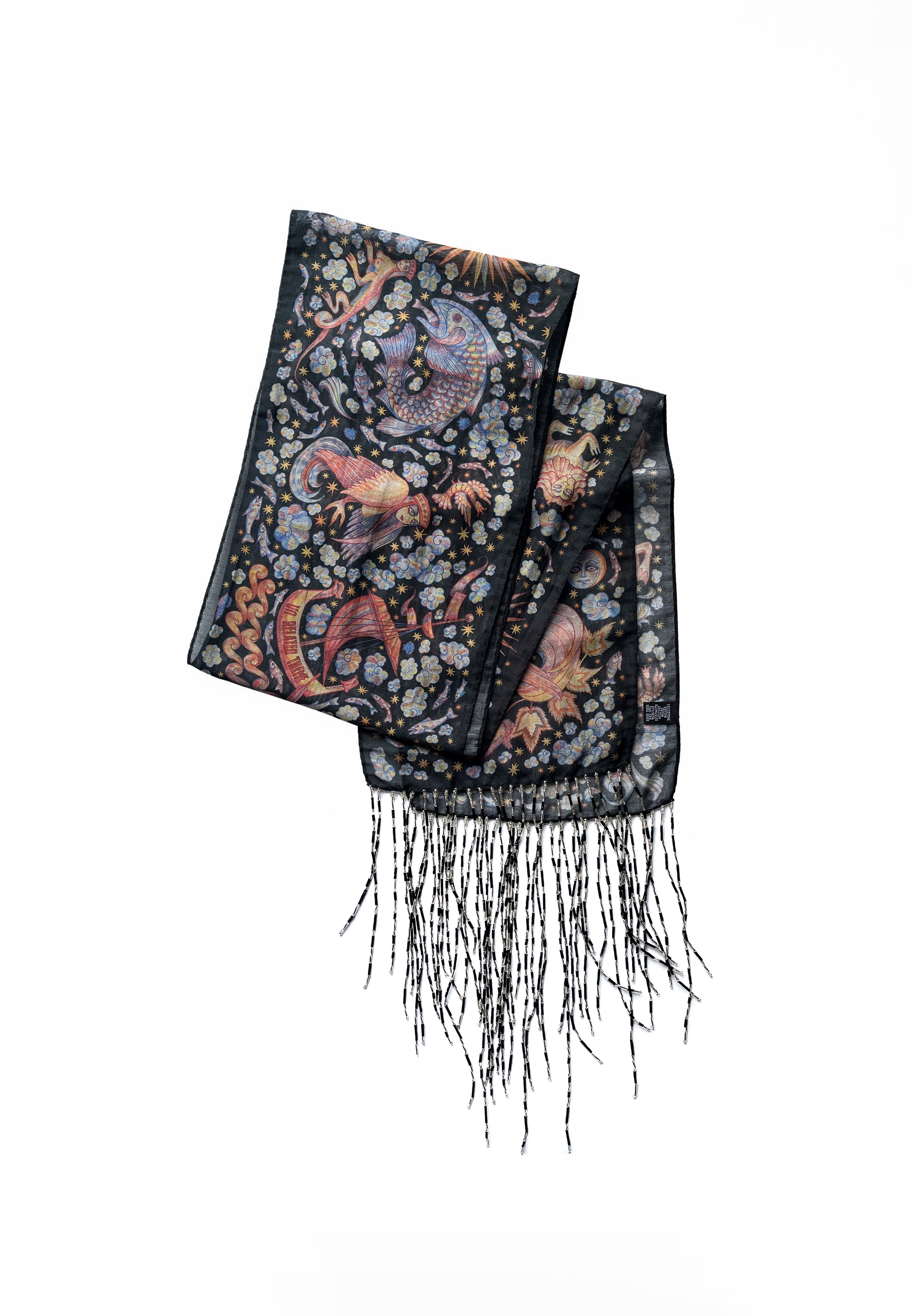 CHAOTIC CREATURES VOILE SCARF IN DARK WITH BEADED FRINGE