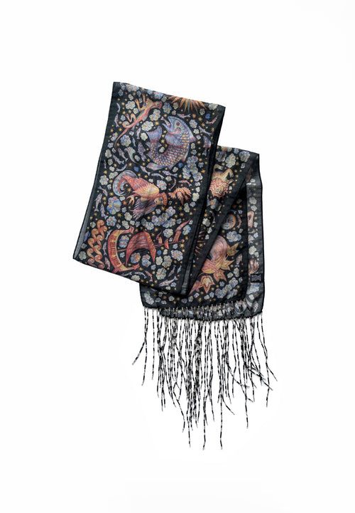 CHAOTIC CREATURES VOILE SCARF IN DARK WITH BEADED FRINGE