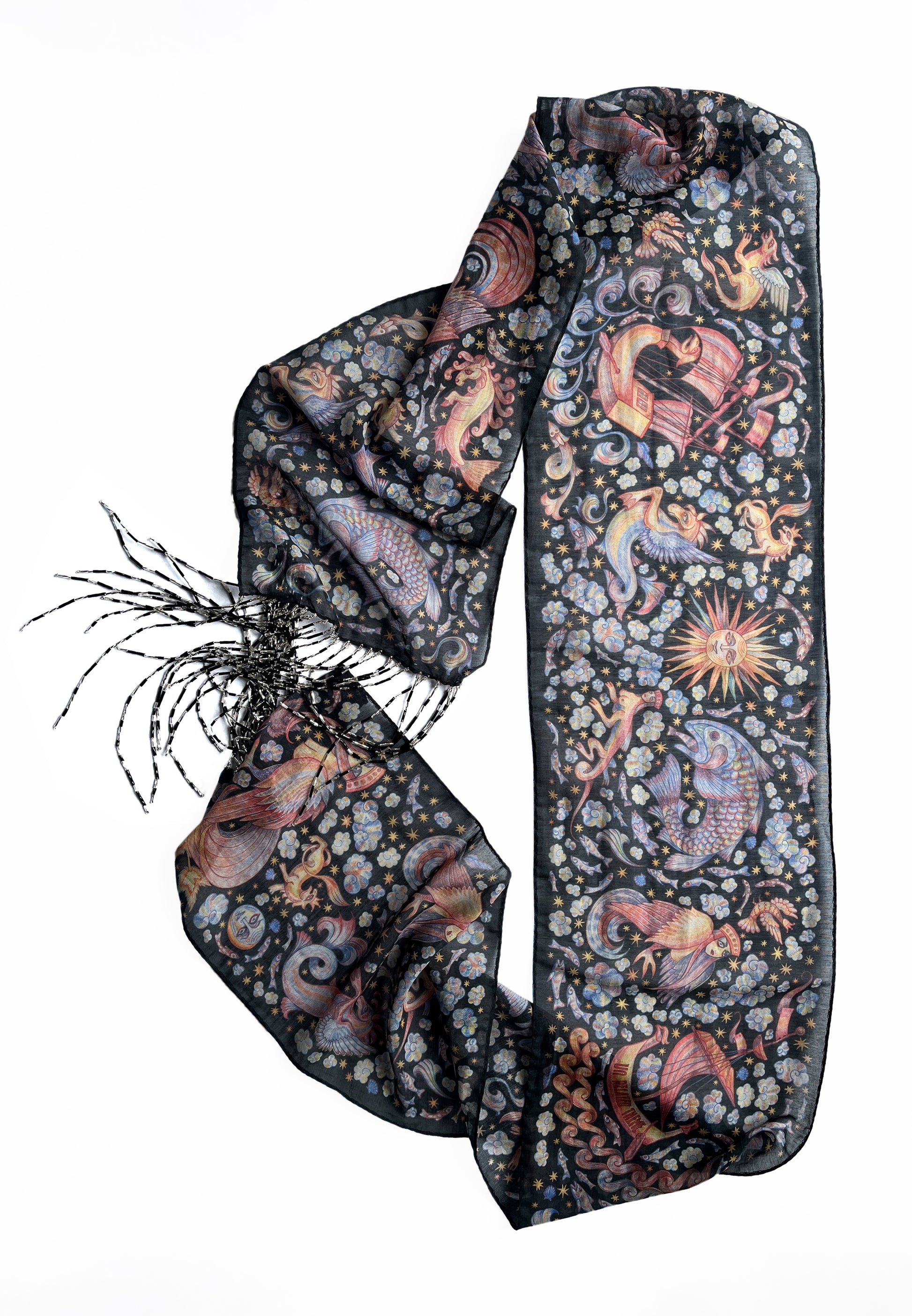 CHAOTIC CREATURES VOILE SCARF IN DARK WITH BEADED FRINGE