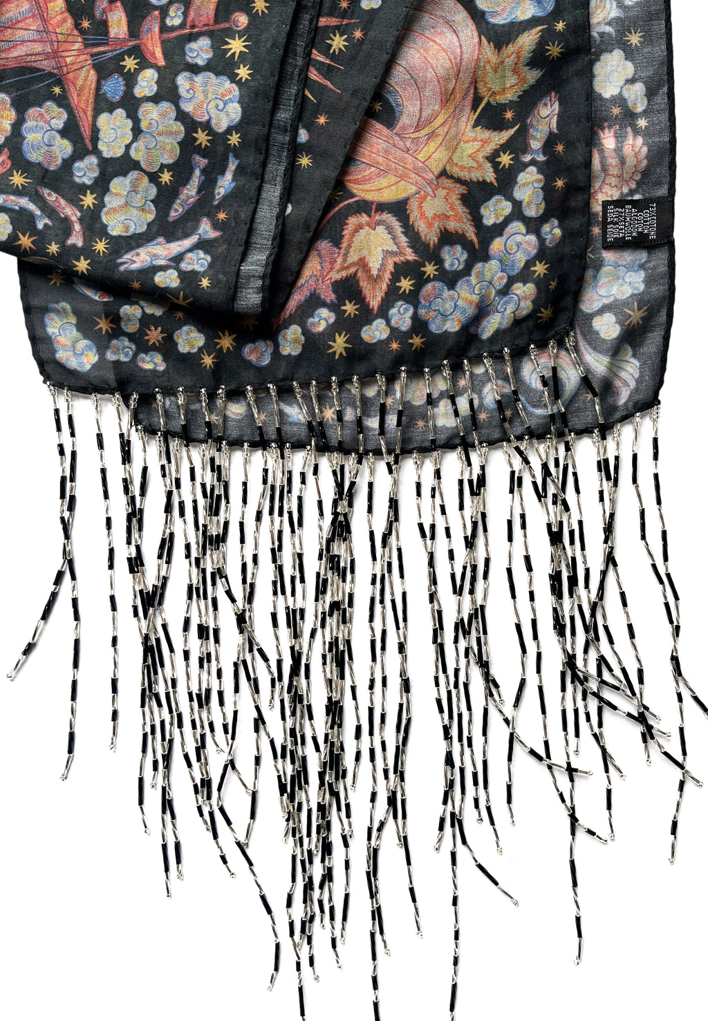 CHAOTIC CREATURES VOILE SCARF IN DARK WITH BEADED FRINGE