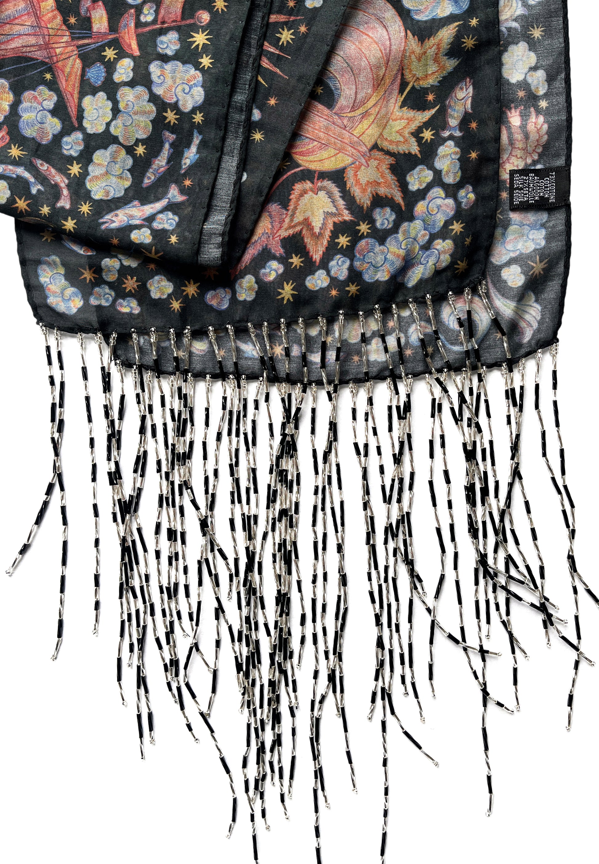 CHAOTIC CREATURES VOILE SCARF IN DARK WITH BEADED FRINGE