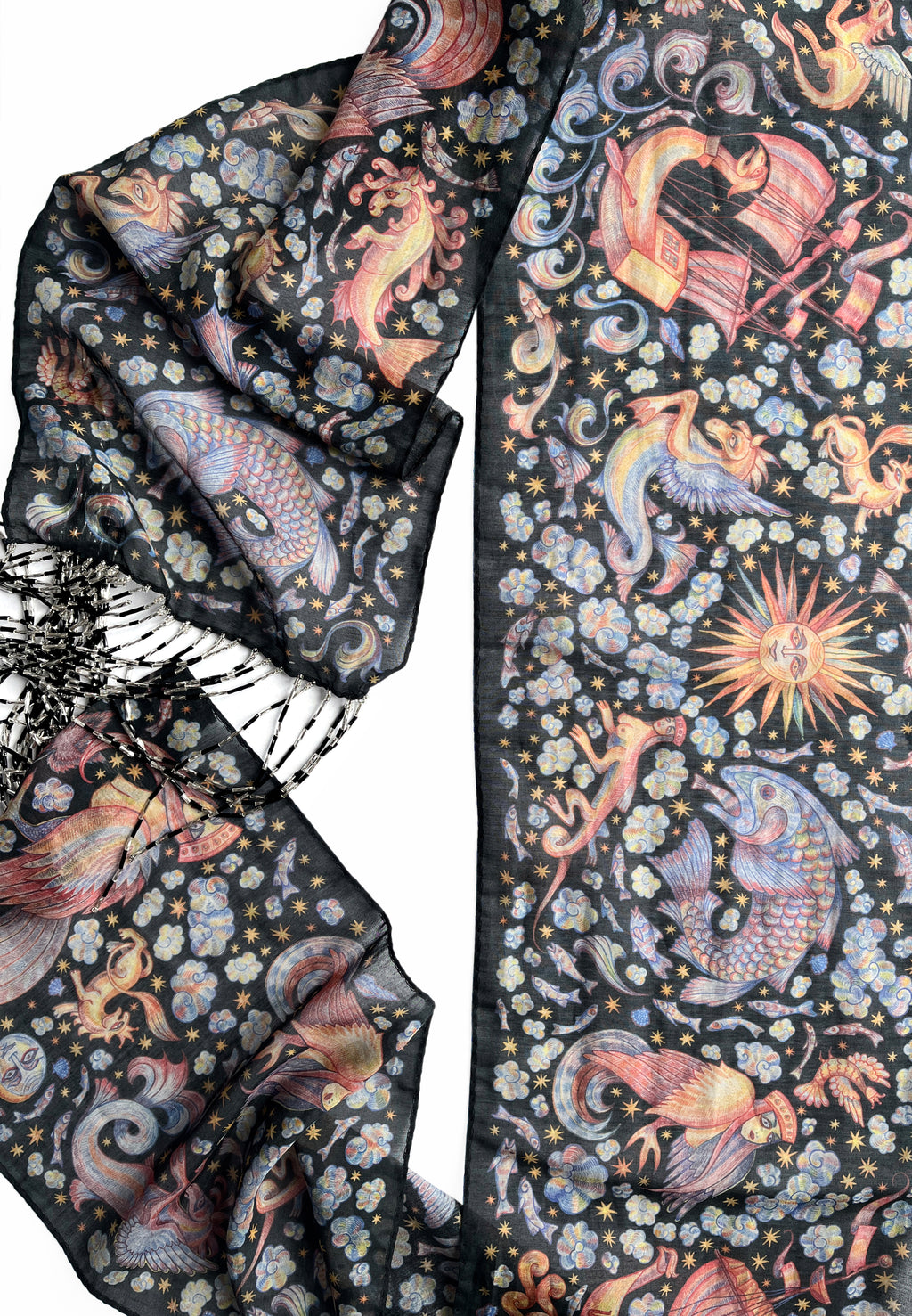 CHAOTIC CREATURES VOILE SCARF IN DARK WITH BEADED FRINGE