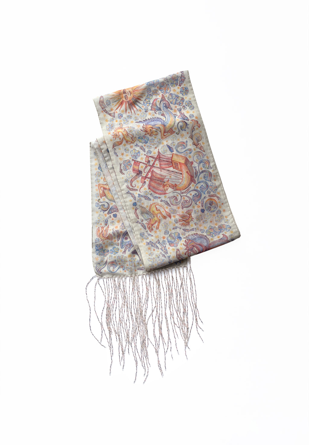 CHAOTIC CREATURES VOILE SCARF IN OFF WHITE WITH BEADED FRINGE