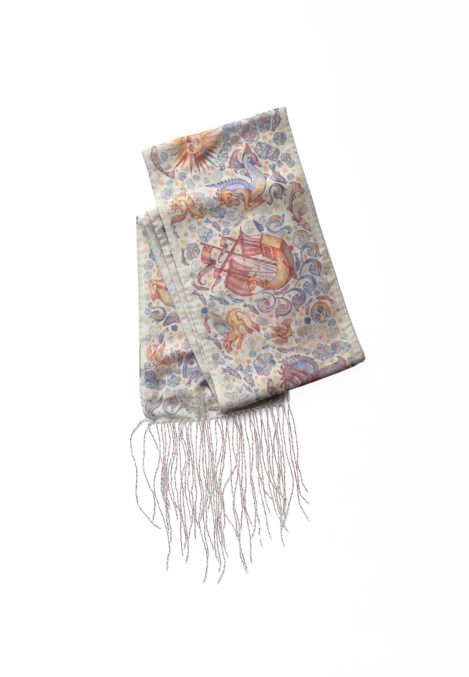 CHAOTIC CREATURES VOILE SCARF IN OFF WHITE WITH BEADED FRINGE