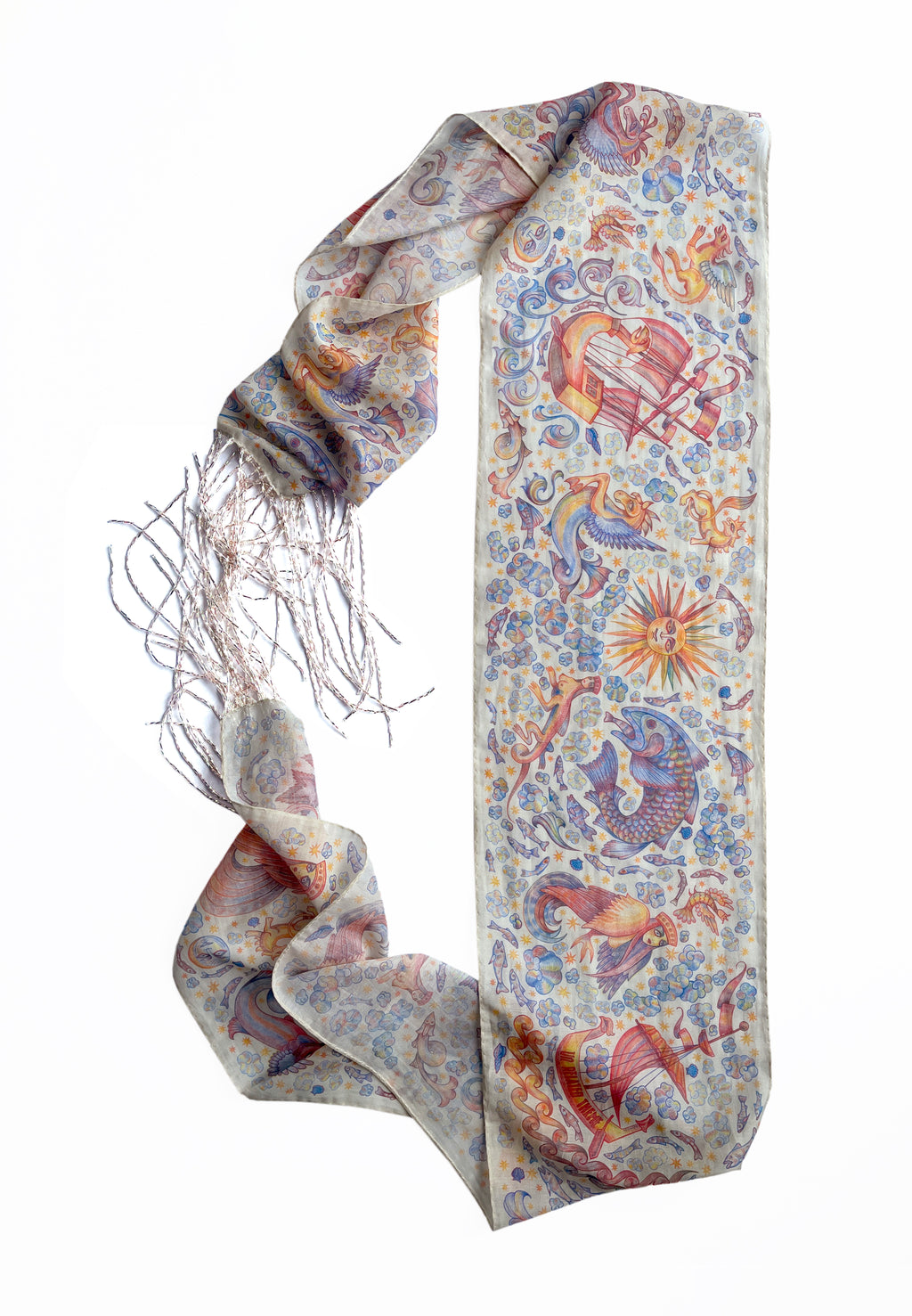 CHAOTIC CREATURES VOILE SCARF IN OFF WHITE WITH BEADED FRINGE