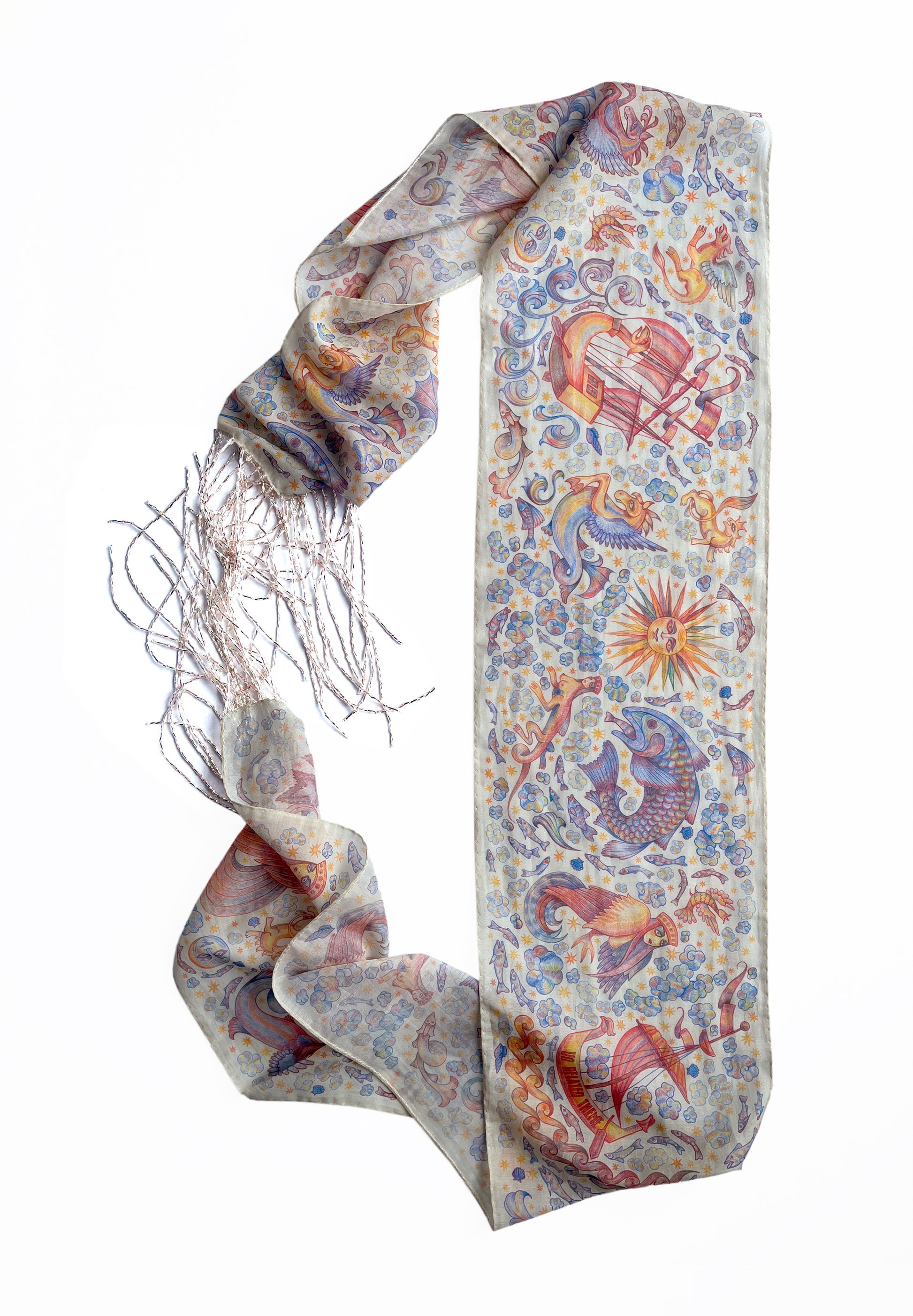 CHAOTIC CREATURES VOILE SCARF IN OFF WHITE WITH BEADED FRINGE