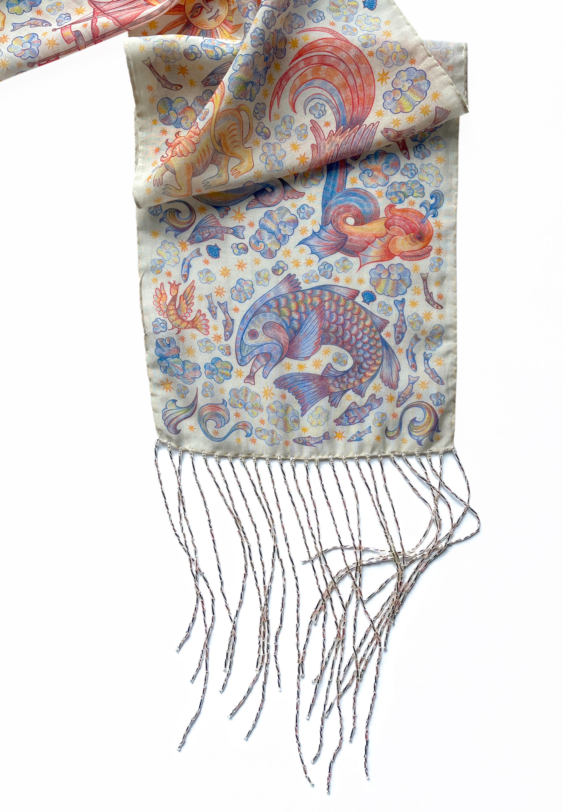 CHAOTIC CREATURES VOILE SCARF IN OFF WHITE WITH BEADED FRINGE