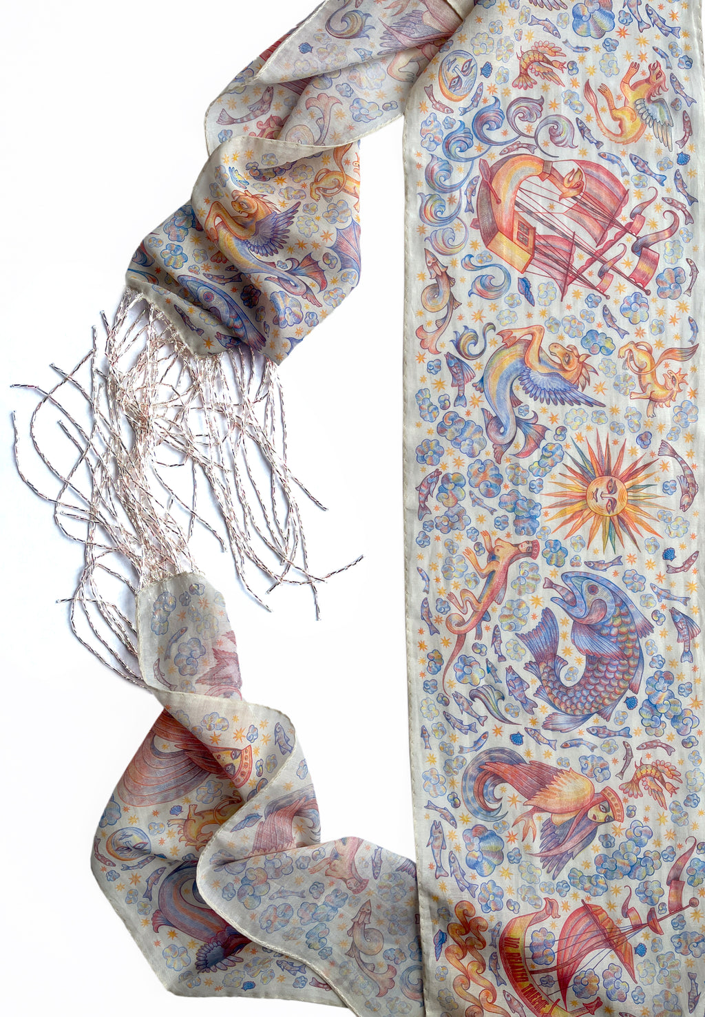 CHAOTIC CREATURES VOILE SCARF IN OFF WHITE WITH BEADED FRINGE
