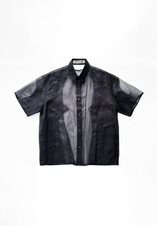 BLACK CHIAROSCURO SILK ORGANZA BOWLING SHIRT
